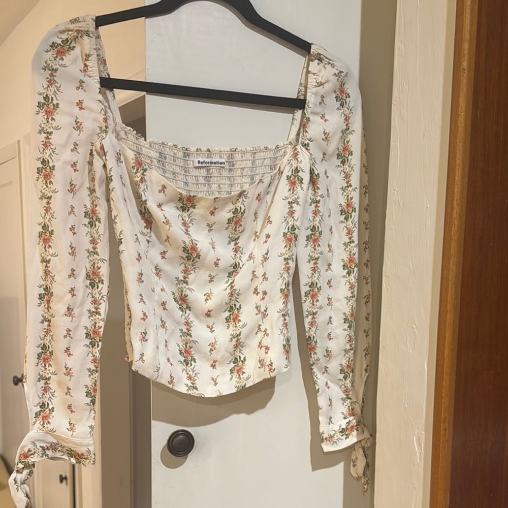 Reformation Cream Ruched Tie Front Crop Blouse